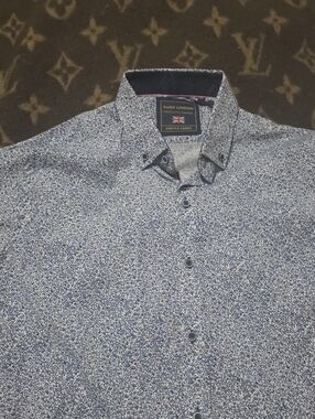Guide London Navy Micro-Print Button-Down Short Sleeve Shirt